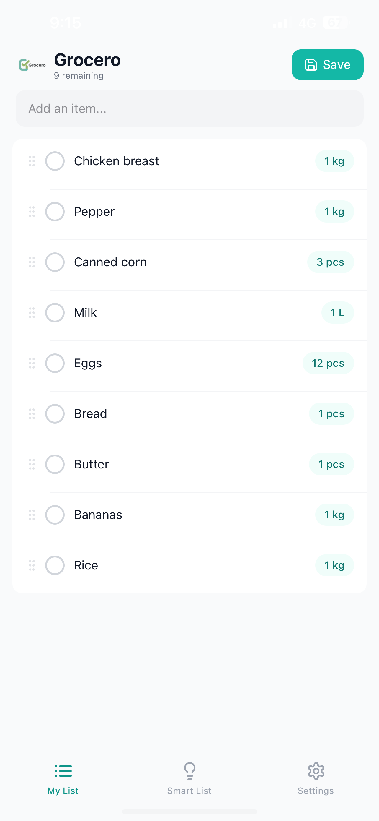 Grocero My List screen